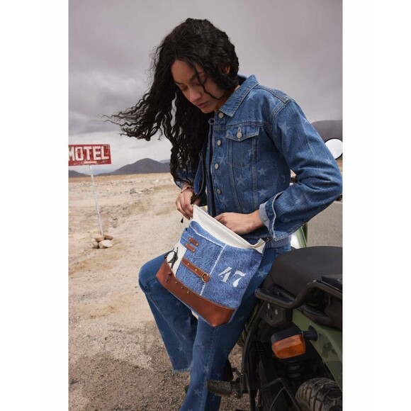 Myra Bag Handmade Country Shoulder Bag Upcycled Canvas & Cowhide Leather - Picture 1 of 16